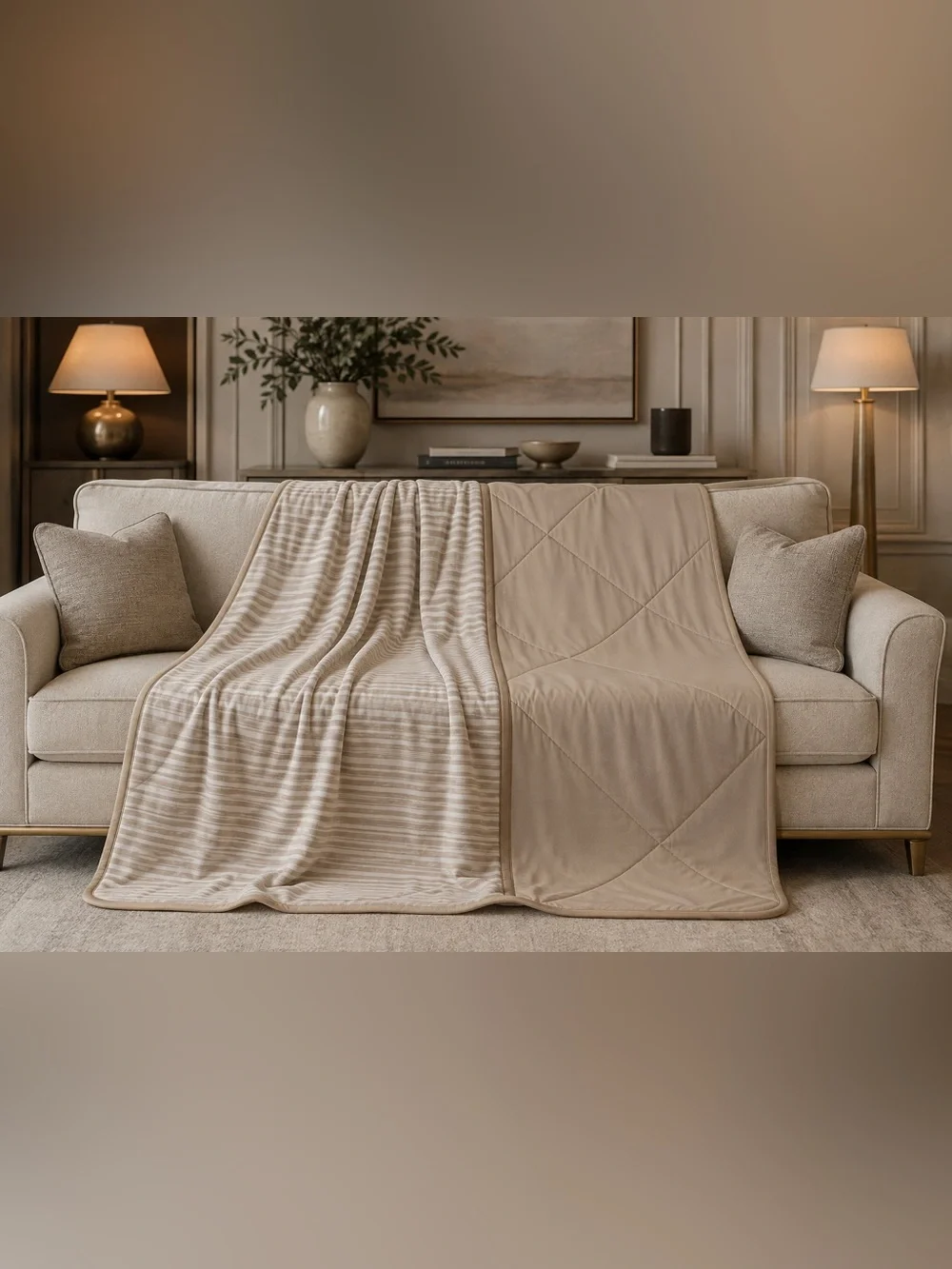 Cooling Throw Blanket 60x70 Beige Striped Reversible Supersoft Lightweight New